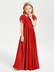 Abiti Damigella Junior In Chiffon Pizzo Maniche A Farfalla Scollo Rotondo Rosso