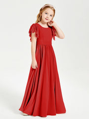 Abiti Damigella Junior In Chiffon Pizzo Maniche A Farfalla Scollo Rotondo Rosso