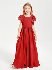 Abiti Damigella Junior In Chiffon Pizzo Maniche A Farfalla Scollo Rotondo Rosso