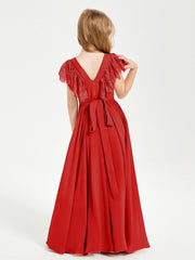 Abiti Damigella Junior In Chiffon Pizzo Maniche A Farfalla Scollo Rotondo Rosso