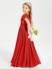 Abiti Damigella Junior In Chiffon Pizzo Maniche A Farfalla Scollo Rotondo Rosso