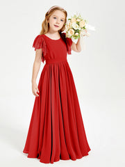 Abiti Damigella Junior In Chiffon Pizzo Maniche A Farfalla Scollo Rotondo Rosso