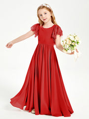 Abiti Damigella Junior In Chiffon Pizzo Maniche A Farfalla Scollo Rotondo Rosso