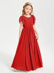 Abiti Damigella Junior In Chiffon Pizzo Maniche A Farfalla Scollo Rotondo Rosso