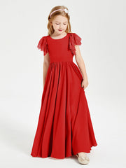 Abiti Damigella Junior In Chiffon Pizzo Maniche A Farfalla Scollo Rotondo Rosso