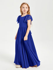 Abiti Damigella Junior In Chiffon Pizzo Maniche A Farfalla Scollo Rotondo Blu Royal