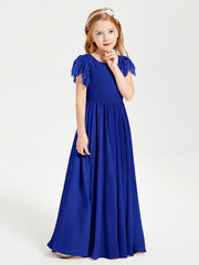 Abiti Damigella Junior In Chiffon Pizzo Maniche A Farfalla Scollo Rotondo Blu Royal
