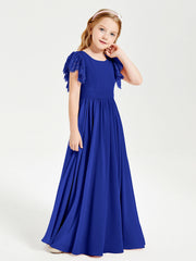 Abiti Damigella Junior In Chiffon Pizzo Maniche A Farfalla Scollo Rotondo Blu Royal