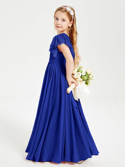 Abiti Damigella Junior In Chiffon Pizzo Maniche A Farfalla Scollo Rotondo Blu Royal