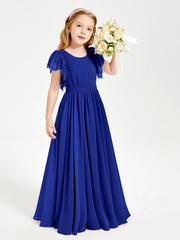 Abiti Damigella Junior In Chiffon Pizzo Maniche A Farfalla Scollo Rotondo Blu Royal