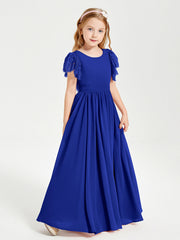 Abiti Damigella Junior In Chiffon Pizzo Maniche A Farfalla Scollo Rotondo Blu Royal