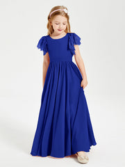 Abiti Damigella Junior In Chiffon Pizzo Maniche A Farfalla Scollo Rotondo Blu Royal
