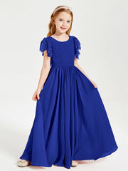 Abiti Damigella Junior In Chiffon Pizzo Maniche A Farfalla Scollo Rotondo Blu Royal
