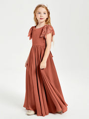 Abiti Damigella Junior In Chiffon Pizzo Maniche A Farfalla Scollo Rotondo Ruggine