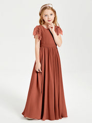 Abiti Damigella Junior In Chiffon Pizzo Maniche A Farfalla Scollo Rotondo Ruggine