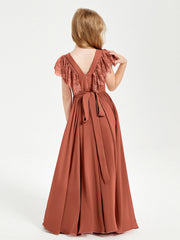 Abiti Damigella Junior In Chiffon Pizzo Maniche A Farfalla Scollo Rotondo Ruggine