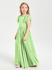 Abiti Damigella Junior In Chiffon Pizzo Maniche A Farfalla Scollo Rotondo Salvia