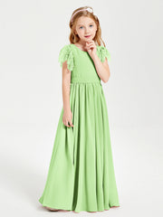 Abiti Damigella Junior In Chiffon Pizzo Maniche A Farfalla Scollo Rotondo Salvia