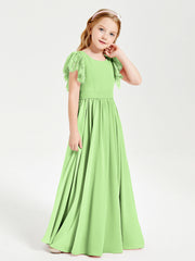 Abiti Damigella Junior In Chiffon Pizzo Maniche A Farfalla Scollo Rotondo Salvia