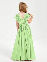 Abiti Damigella Junior In Chiffon Pizzo Maniche A Farfalla Scollo Rotondo Salvia