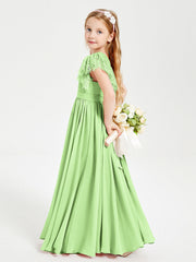 Abiti Damigella Junior In Chiffon Pizzo Maniche A Farfalla Scollo Rotondo Salvia