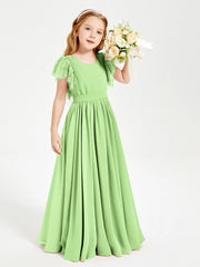 Abiti Damigella Junior In Chiffon Pizzo Maniche A Farfalla Scollo Rotondo Salvia