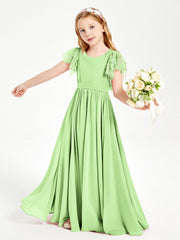 Abiti Damigella Junior In Chiffon Pizzo Maniche A Farfalla Scollo Rotondo Salvia