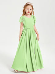 Abiti Damigella Junior In Chiffon Pizzo Maniche A Farfalla Scollo Rotondo Salvia