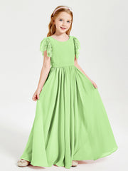 Abiti Damigella Junior In Chiffon Pizzo Maniche A Farfalla Scollo Rotondo Salvia