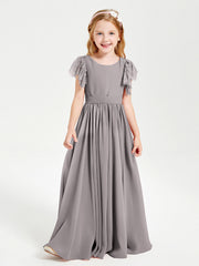 Abiti Damigella Junior In Chiffon Pizzo Maniche A Farfalla Scollo Rotondo Argento