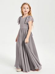 Abiti Damigella Junior In Chiffon Pizzo Maniche A Farfalla Scollo Rotondo Argento