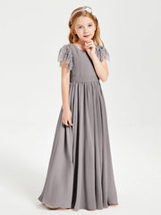 Abiti Damigella Junior In Chiffon Pizzo Maniche A Farfalla Scollo Rotondo Argento