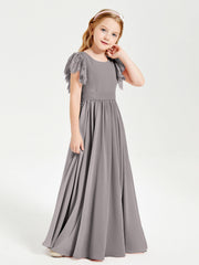 Abiti Damigella Junior In Chiffon Pizzo Maniche A Farfalla Scollo Rotondo Argento