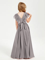Abiti Damigella Junior In Chiffon Pizzo Maniche A Farfalla Scollo Rotondo Argento