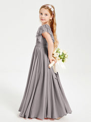 Abiti Damigella Junior In Chiffon Pizzo Maniche A Farfalla Scollo Rotondo Argento