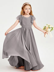Abiti Damigella Junior In Chiffon Pizzo Maniche A Farfalla Scollo Rotondo Argento
