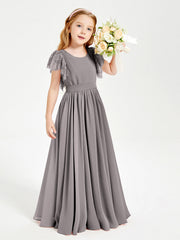 Abiti Damigella Junior In Chiffon Pizzo Maniche A Farfalla Scollo Rotondo Argento