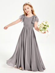 Abiti Damigella Junior In Chiffon Pizzo Maniche A Farfalla Scollo Rotondo Argento