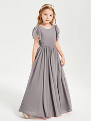 Abiti Damigella Junior In Chiffon Pizzo Maniche A Farfalla Scollo Rotondo Argento