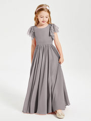 Abiti Damigella Junior In Chiffon Pizzo Maniche A Farfalla Scollo Rotondo Argento