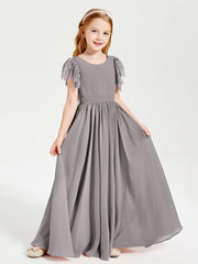 Abiti Damigella Junior In Chiffon Pizzo Maniche A Farfalla Scollo Rotondo Argento