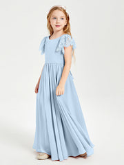 Abiti Damigella Junior In Chiffon Pizzo Maniche A Farfalla Scollo Rotondo Blu Cielo