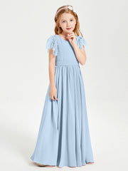 Abiti Damigella Junior In Chiffon Pizzo Maniche A Farfalla Scollo Rotondo Blu Cielo
