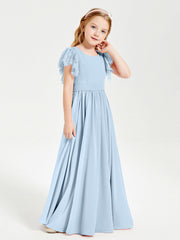 Abiti Damigella Junior In Chiffon Pizzo Maniche A Farfalla Scollo Rotondo Blu Cielo