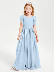 Abiti Damigella Junior In Chiffon Pizzo Maniche A Farfalla Scollo Rotondo Blu Cielo