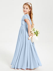 Abiti Damigella Junior In Chiffon Pizzo Maniche A Farfalla Scollo Rotondo Blu Cielo
