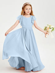 Abiti Damigella Junior In Chiffon Pizzo Maniche A Farfalla Scollo Rotondo Blu Cielo