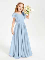 Abiti Damigella Junior In Chiffon Pizzo Maniche A Farfalla Scollo Rotondo Blu Cielo