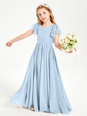 Abiti Damigella Junior In Chiffon Pizzo Maniche A Farfalla Scollo Rotondo Blu Cielo