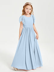 Abiti Damigella Junior In Chiffon Pizzo Maniche A Farfalla Scollo Rotondo Blu Cielo